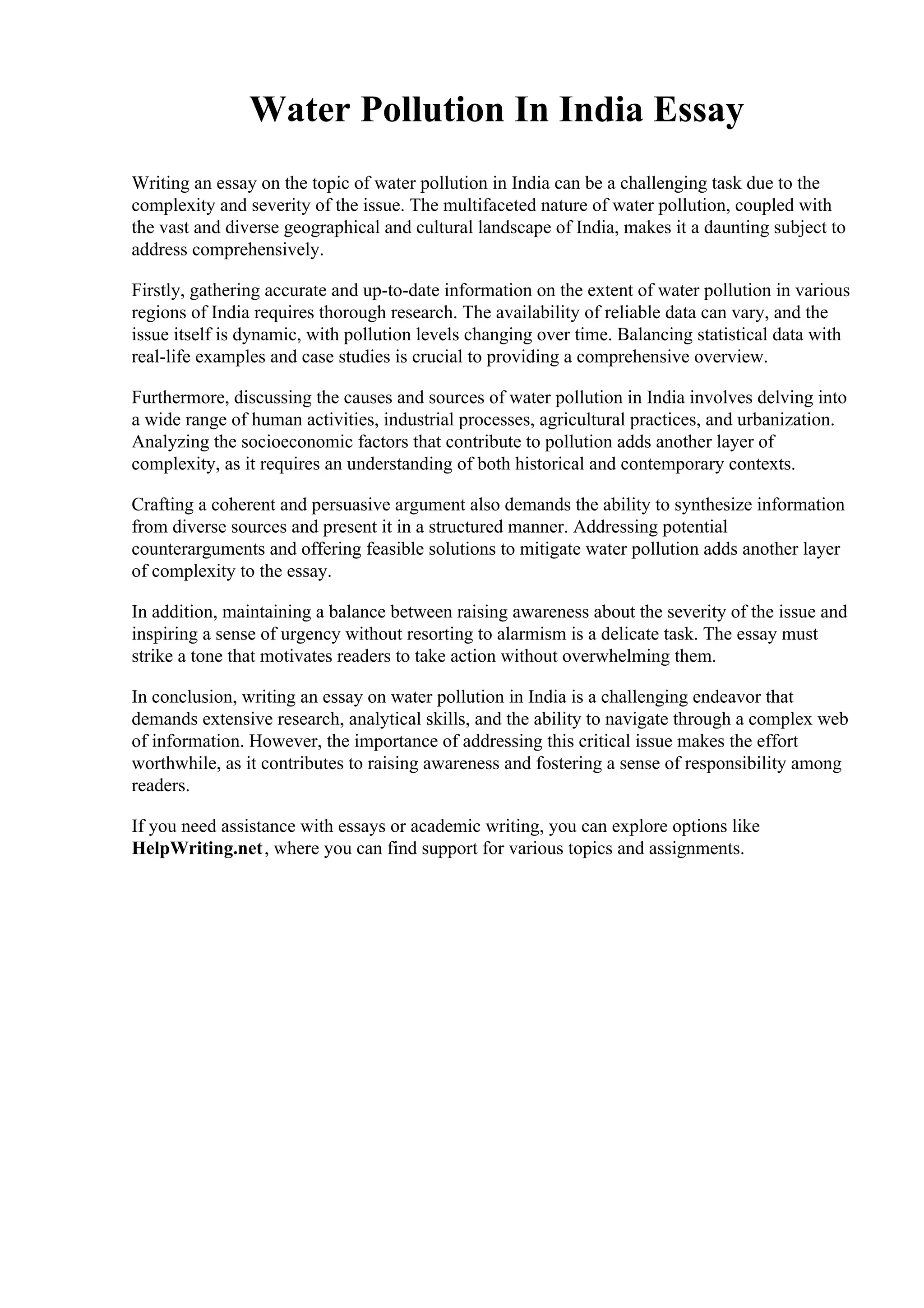 Water Pollution In India Essay Pdf