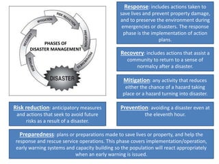 PHASES OF
DISASTER MANAGEMENT
Response: includes actions taken to
save lives and prevent property damage,
and to preserve the environment during
emergencies or disasters. The response
phase is the implementation of action
plans.
Recovery: includes actions that assist a
community to return to a sense of
normalcy after a disaster.
Mitigation: any activity that reduces
either the chance of a hazard taking
place or a hazard turning into disaster.
Risk reduction: anticipatory measures
and actions that seek to avoid future
risks as a result of a disaster.
Prevention: avoiding a disaster even at
the eleventh hour.
Preparedness: plans or preparations made to save lives or property, and help the
response and rescue service operations. This phase covers implementation/operation,
early warning systems and capacity building so the population will react appropriately
when an early warning is issued.
 