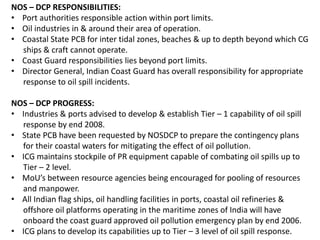 NOS – DCP RESPONSIBILITIES:
• Port authorities responsible action within port limits.
• Oil industries in & around their area of operation.
• Coastal State PCB for inter tidal zones, beaches & up to depth beyond which CG
ships & craft cannot operate.
• Coast Guard responsibilities lies beyond port limits.
• Director General, Indian Coast Guard has overall responsibility for appropriate
response to oil spill incidents.
NOS – DCP PROGRESS:
• Industries & ports advised to develop & establish Tier – 1 capability of oil spill
response by end 2008.
• State PCB have been requested by NOSDCP to prepare the contingency plans
for their coastal waters for mitigating the effect of oil pollution.
• ICG maintains stockpile of PR equipment capable of combating oil spills up to
Tier – 2 level.
• MoU’s between resource agencies being encouraged for pooling of resources
and manpower.
• All Indian flag ships, oil handling facilities in ports, coastal oil refineries &
offshore oil platforms operating in the maritime zones of India will have
onboard the coast guard approved oil pollution emergency plan by end 2006.
• ICG plans to develop its capabilities up to Tier – 3 level of oil spill response.
 