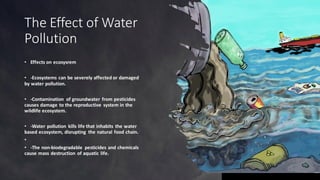 The Effect of Water
Pollution
• Effects on ecosysrem
• -Ecosystems can be severely affected or damaged
by water pollution.
• -Contamination of groundwater from pesticides
causes damage to the reproductive system in the
wildlife ecosystem.
• -Water pollution kills life that inhabits the water
based ecosystem, disrupting the natural food chain.
•
• -The non-biodegradable pesticides and chemicals
cause mass destruction of aquatic life.
 