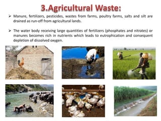  Manure, fertilizers, pesticides, wastes from farms, poultry farms, salts and silt are
drained as run-off from agricultural lands.
 The water body receiving large quantities of fertilizers (phosphates and nitrates) or
manures becomes rich in nutrients which leads to eutrophication and consequent
depletion of dissolved oxygen.
 