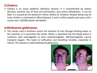 2.Cholera:
 Cholera is an acute epidemic infectious disease. It is characterized by watery
diarrhea, extreme loss of fluid and electrolytes, and severe dehydration. It can be
fatal. It is caused by the bacterium Vibrio cholera (V. Cholera). Despite being easy to
treat, cholera is estimated to affect between 3 and 5 million people each year, and it
causes over 1,00,000 deaths worldwide.
3.Methaemo globinema:
 The nitrate used in fertilizers enters the intestine of man through drinking water. In
the intestine, it is converted into nitrite. Nitrite is absorbed into the blood where it
combines with haemoglobin to form methaemoglobin. Methaemoglobin cannot
transport oxygen. This leads to suffocation and breathing troubles, especially in
infants. This disease is called Methaemo-globinema.
 