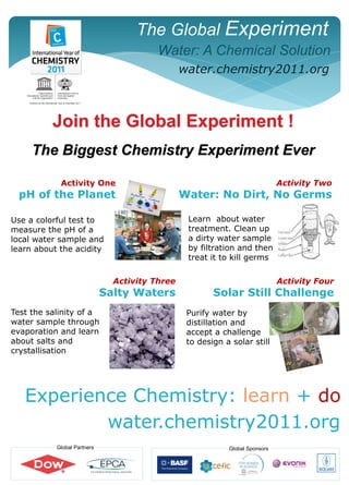 The Global Experiment
                                         Water: A Chemical Solution
                                                water.chemistry2011.org



          Join the Global Experiment !
     The Biggest Chemistry Experiment Ever

            Activity One                                                      Activity Two
 pH of the Planet                               Water: No Dirt, No Germs

Use a colorful test to                           Learn about water
measure the pH of a                              treatment. Clean up
local water sample and                           a dirty water sample
learn about the acidity                          by filtration and then
                                                 treat it to kill germs

                               Activity Three                                 Activity Four
                             Salty Waters               Solar Still Challenge
Test the salinity of a                           Purify water by
water sample through                             distillation and
evaporation and learn                            accept a challenge
about salts and                                  to design a solar still
crystallisation




   Experience Chemistry: learn + do
           water.chemistry2011.org
           Global Partners                                  Global Sponsors
 
