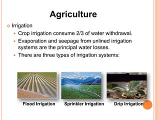 Agriculture
 Irrigation
 Crop irrigation consume 2/3 of water withdrawal.
 Evaporation and seepage from unlined irrigation
systems are the principal water losses.
 There are three types of irrigation systems:
Flood Irrigation Sprinkler Irrigation Drip Irrigation
 