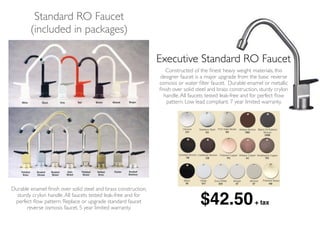 Standard RO Faucet
(included in packages)
Durable enamel ﬁnish over solid steel and brass construction,
sturdy crylon handle.All faucets tested leak-free and for
perfect ﬂow pattern. Replace or upgrade standard faucet
reverse osmosis faucet. 5 year limited warranty.
Executive Standard RO Faucet
Constructed of the ﬁnest heavy weight materials, this
designer faucet is a major upgrade from the basic reverse
osmosis or water ﬁlter faucet. Durable enamel or metallic
ﬁnish over solid steel and brass construction, sturdy crylon
handle.All faucets tested leak-free and for perfect ﬂow
pattern. Low lead compliant. 7 year limited warranty.
$42.50+ tax
 