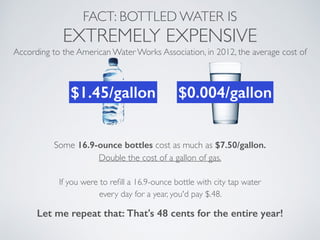 According to the American Water Works Association, in 2012, the average cost of
Some 16.9-ounce bottles cost as much as $7.50/gallon.
Double the cost of a gallon of gas.
If you were to reﬁll a 16.9-ounce bottle with city tap water
every day for a year, you'd pay $.48.
Let me repeat that: That's 48 cents for the entire year!
FACT: BOTTLED WATER IS
EXTREMELY EXPENSIVE
$1.45/gallon $0.004/gallon
 