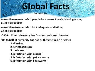 Global Facts
                         …the reality is…

•more than one out of six people lack access to safe drinking water;
1.1 billion people
•more than two out of six lack adequate sanitation;
2.6 billion people
•3900 children die every day from water-borne diseases
•Up to half of humanity has one of these six main diseases
        1. diarrhea
        2. schistosomiasis
        3.trachoma
        4. infestation with ascaris
        5. infestation with guinea worm
        6. infestation with hookworm
 