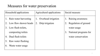 Measures for water preservation
Household applications Agricultural applications Social measure
1. Rain water harvesting
2. Low flow shower heads
3. Low flush toilets,
composting toilets
4. Dual flush toilets
5. Raw water flushing
6. Waste water usage
1. Overhead irrigation
2. Drip irrigation
1. Raising awareness
2. Regulation of ground
water usage
3. National programs for
water conservation
7
 