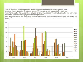 Due to Norwood’s varying rainfall these drippers are essential for the garden bed
to thrive. Each year has a different amount of rainfall so it is impossible to predict
whether to water the garden bed all year or only in particular months this is why it is extremely
important for this watering system to work properly.
This diagram shows the amount of rainfall in Norwood each month over the past five and a bit
years.
0
20
40
60
80
100
120
140
2011 2012 2013 2014 2015 2016
Jan
Feb
Mar
Apr
May
Jun
Jul
Aug
Sep
Oct
Nov
Dec
 