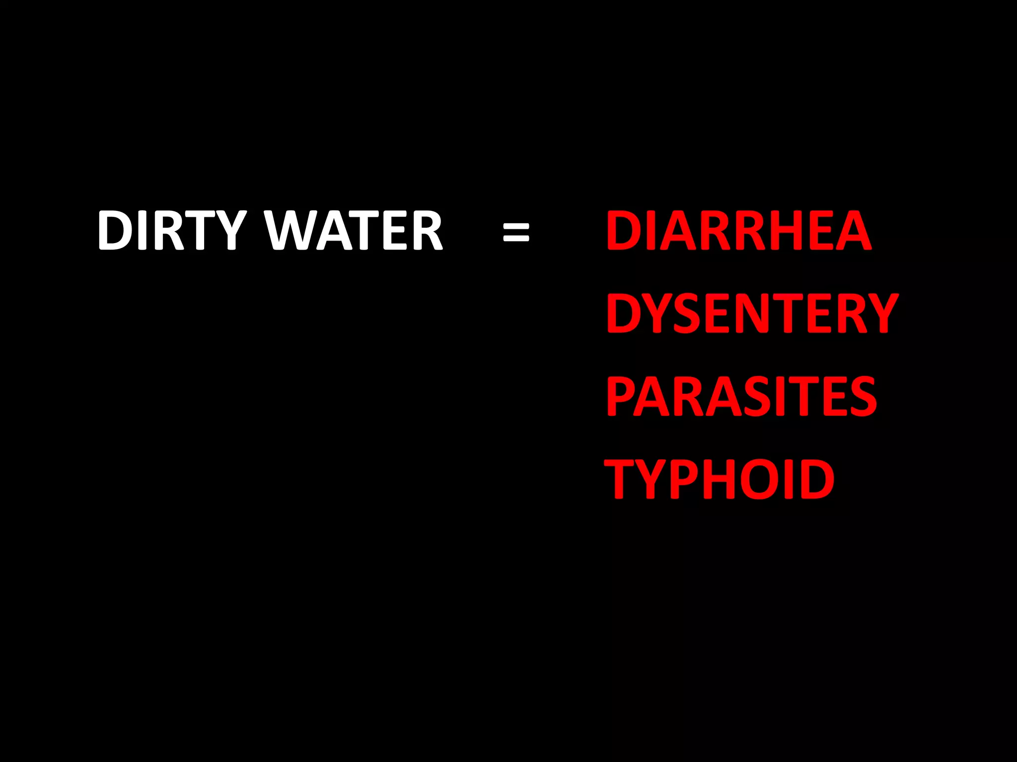 DIRTY WATER =   DIARRHEA
                DYSENTERY
                PARASITES
                TYPHOID
 