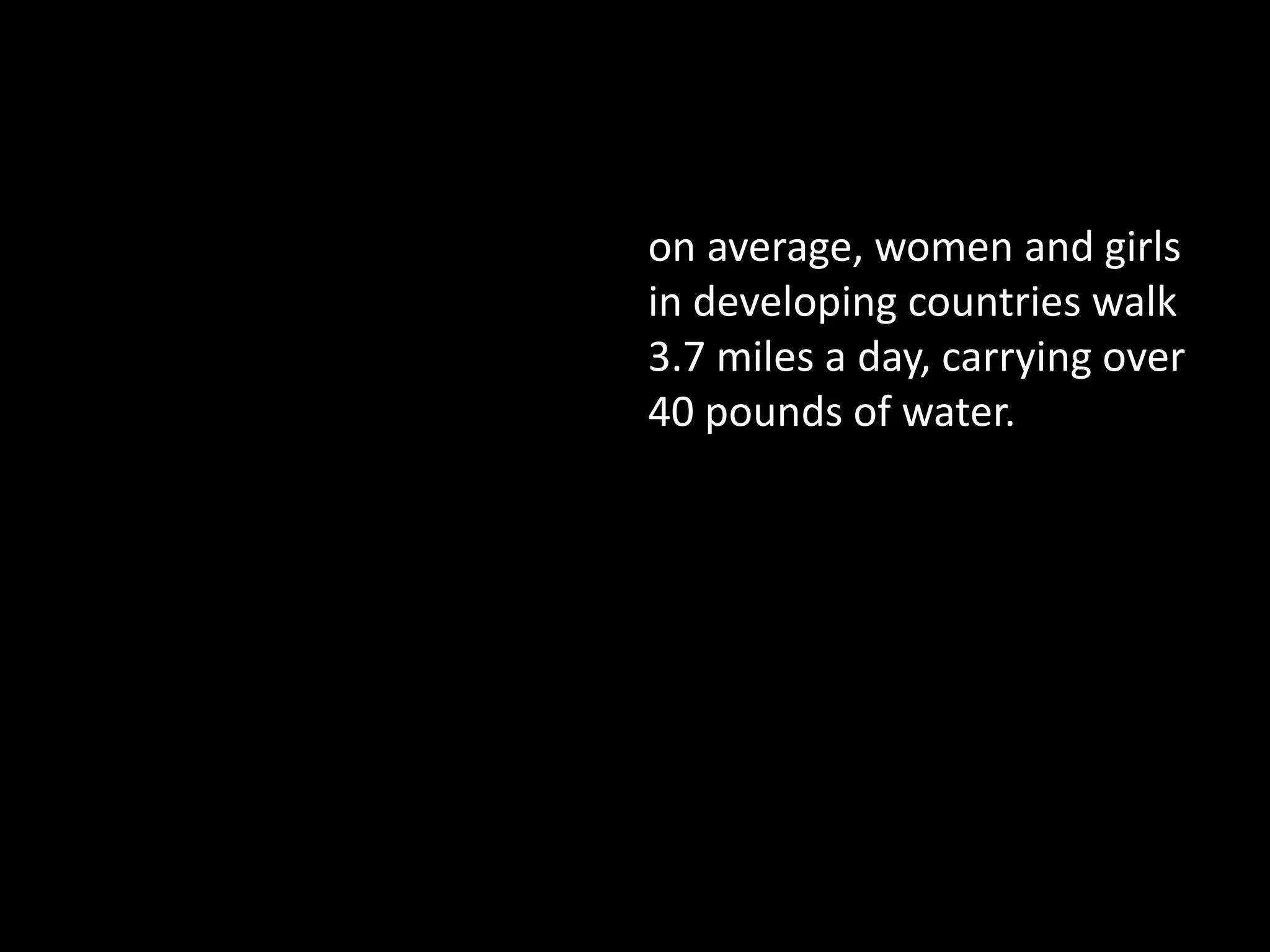 on average, women and girls
in developing countries walk
3.7 miles a day, carrying over
40 pounds of water.
 