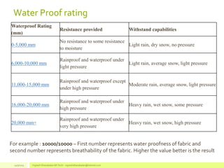 Water Proof rating
Waterproof Rating
(mm)
Resistance provided Withstand capabilities
0-5,000 mm
No resistance to some resistance
to moisture
Light rain, dry snow, no pressure
6,000-10,000 mm
Rainproof and waterproof under
light pressure
Light rain, average snow, light pressure
11,000-15,000 mm
Rainproof and waterproof except
under high pressure
Moderate rain, average snow, light pressure
16,000-20,000 mm
Rainproof and waterproof under
high pressure
Heavy rain, wet snow, some pressure
20,000 mm+
Rainproof and waterproof under
very high pressure
Heavy rain, wet snow, high pressure
For example : 10000/10000 – First number represents water proofness of fabric and
second number represents breathability of the fabric. Higher the value better is the result
14/3/2014 Vignesh Dhanabalan (M.Tech) - vigneshdhanabalan@hotmail.com
 