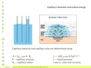 T
R
A
N
S
P
O
R
T
M
E
C
H
A
N
IS
M
Capillary’s diameter and surface energy
Capillary pressure and capillary raise are determined using
P = 2γLV cos  / Rc , L = ((Rcγ cos /2)* t1/2
P = capillary pressure L = liquid pressure
Rc – capillary radius t and  - time and viscosity
14/3/2014 Vignesh Dhanabalan (M.Tech) - vigneshdhanabalan@hotmail.com
 