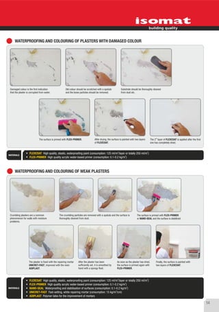 WATERPROOFING AND COLOURING OF PLASTERS WITH DAMAGED COLOUR




 Damaged colour is the first indication                  Old colour should be scratched with a spatula           Substrate should be thoroughly cleaned
 that the plaster is corrupted from water.               and the loose particles should be removed.              from dust etc.




                              The surface is primed with FLEX-PRIMER.                 After drying, the surface is painted with two layers       The 2nd layer of FLEXCOAT is applied after the first
                                                                                      of FLEXCOAT.                                               one has completely dried.


                    FLEXCOAT High quality, elastic, waterproofing paint (consumption: 125 ml/m2/layer or totally 250 ml/m2)
MATERIALS
                    FLEX-PRIMER High quality acrylic water-based primer (consumption: 0.1-0.2 kg/m2)



     WATERPROOFING AND COLOURING OF WEAK PLASTERS




 Crumbling plasters are a common                   The crumbling particles are removed with a spatula and the surface is         The surface is primed with FLEX-PRIMER
 phenomenon for walls with moisture                thoroughly cleaned from dust.                                                 or NANO-SEAL and the surface is stabilized.
 problems.




                    The plaster is fixed with the repairing mortar   After the plaster has been              As soon as the plaster has dried,         Finally, the surface is painted with
                    UNICRET-FAST, improved with the resin            sufficiently set, it is smoothed by     the surface is primed again with          two layers of FLEXCOAT.
                    ADIPLAST.                                        hand with a spongy float.               FLEX-PRIMER.


                                                                                                             2                               2
                    FLEXCOAT High quality, elastic, waterproofing paint (consumption: 125 ml/m /layer or totally 250 ml/m )
                                                                                                      2
                    FLEX-PRIMER High quality acrylic water-based primer (consumption: 0.1-0.2 kg/m )
                                                                                                        2
MATERIALS           NANO-SEAL Waterproofing and stabilisation of surfaces (consumption: 0.1-0.2 kg/m )
                                                                                             2
                    UNICRET-FAST Fast-setting, white repairing mortar (consumption: 15 kg/m /cm)
                    ADIPLAST Polymer latex for the improvement of mortars

                                                                                                                                                                                                        14
 