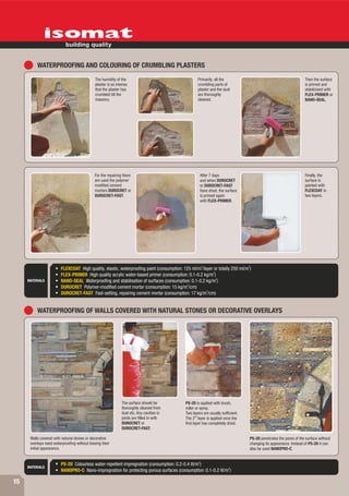 WATERPROOFING AND COLOURING OF CRUMBLING PLASTERS
                                              The humidity of the                                   Primarily, all the                                             Then the surface
                                              plaster is so intense                                 crumbling parts of                                             is primed and
                                              that the plaster has                                  plaster and the dust                                           stabilizised with
                                              crumbled till the                                     are thoroughly                                                 FLEX-PRIMER or
                                              masonry.                                              cleaned.                                                       NANO-SEAL.




                                             For the repairing there                                    After 7 days                                               Finally, the
                                             are used the polymer                                       and when DUROCRET                                          surface is
                                             modified cement                                            or DUROCRET-FAST                                           painted with
                                             mortars DUROCRET or                                        have dried, the surface                                    FLEXCOAT in
                                             DUROCRET-FAST.                                             is primed again                                            two layers.
                                                                                                        with FLEX-PRIMER.




                                                                                                        2                         2
                         FLEXCOAT High quality, elastic, waterproofing paint (consumption: 125 ml/m /layer or totally 250 ml/m )
                                                                                                           2
                         FLEX-PRIMER High quality acrylic water-based primer (consumption: 0.1-0.2 kg/m )
                                                                                                             2
     MATERIALS           NANO-SEAL Waterproofing and stabilisation of surfaces (consumption: 0.1-0.2 kg/m )
                                                                                             2
                         DUROCRET Polymer-modified cement mortar (consumption: 15 kg/m /cm)
                                                                                                       2
                         DUROCRET-FAST Fast-setting, repairing cement mortar (consumption: 17 kg/m /cm)


          WATERPROOFING OF WALLS COVERED WITH NATURAL STONES OR DECORATIVE OVERLAYS




                                                               The surface should be        PS-20 is applied with brush,
                                                               thoroughly cleaned from      roller or spray.
                                                               dust etc. Any cavities in    Two layers are usually sufficient.
                                                               joints are filled in with    The 2nd layer is applied once the
                                                               DUROCRET or                  first layer has completely dried.
                                                               DUROCRET-FAST.

      Walls covered with natural stones or decorative                                                                             PS-20 penetrates the pores of the surface without
      overlays need waterproofing without loosing their                                                                           changing its appearance. Instead of PS-20 it can
      initial appearance.                                                                                                         also be used NANOPRO-C.


                                                                                                    2
                         PS-20 Colourless water-repellent impregnation (consumption: 0.2-0.4 lit/m )
     MATERIALS                                                                                                 2
                         NANOPRO-C Nano-impregnation for protecting porous surfaces (consumption: 0.1-0.2 lit/m )

15
 