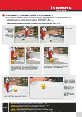 WATERPROOFING OF TERRACES WITH SLOPE (WITHOUT STANDING WATER)
     It is very common, terraces with mosaic or cement mortar grade to have moisture problems. Following there are explained two different solutions:
     1) Waterproofing of terraces with brushable elastomeric acrylic sealant ISOFLEX or ISOFLEX-T25,
     2) Waterproofing of terraces with bituminous membranes covered with mineral chipping or aluminium leaf.
      st
     1 Solution: Waterproofing with the brushable elastomeric acrylic sealants ISOFLEX or ISOFLEX-T25.

  For the reparation of the                                                                                                                                    The terrace is primed
  substrate it can be used                                                                                                                                     with ISO-PRIMER.
     the polymer-modified
           cement mortars
            DUROCRET or
        DUROCRET-FAST.
    ISOFLEX or ISOFLEX-
    T25 should be applied
        on a clean and dry
                 substrate.




                   After the primer has dried, a layer of ISOFLEX or ISOFLEX-T25 is applied           Afterwards, a layer of ISOFLEX or ISOFLEX-T25 is applied with
                   along the intersection of the terrace with vertical structures (parapet etc.)      a brush or roller. If it is necessary, ISOFLEX or ISOFLEX-T25 is
                   as well as along any cracks, tiles and joints between the terrace and any          diluted 5% with water, in order to be applied easier.
                   metallic element (rain pipes, gutters etc). While it's still fresh this layer is
                   reinforced with a glass mesh or polyester fabric strip of 10 cm width
                   (TREVIRA).




                                                                                                                                                            The final result is a uniform,
                                                                                                                                                            elastic and waterproofing
                                                                                                                                                            membrane without joints or
                                                                                                                                                            seams. The main advantage
                                                                                                                                                            of ISOFLEX or ISOFLEX-T25
                                                                                                                                                            is their durability to ageing.
                                                                                                                                                            Recommendation:
                                                                                                                                                            In cases where the
                                                                                                                                                            waterproofing layer should
                                                                                                                                                            have high resistance to
                                                                                                                                                            extreme temperature
                                                                                                                                                            conditions (from -25°C to
                                                                                                                                                            +120°C), then it is
                                                                                                                                                            recommended the use of
                                                                                                                                                            ISOFLEX-T25, instead of
A second coat of ISOFLEX or ISOFLEX-T25 should be applied
crosswise, once the first one has dried and can be walked on.                                                                                               ISOFLEX.




                                                                                                             2
                    ISOFLEX Brushable elastomeric liquid membrane (total consumption: 1.0-1.5 kg/m )
                                                                                                       2
                    ISOFLEX-T25 Brushable elastomeric liquid membrane (total consumption: 1.0-1.5 kg/m )
                                                                                               2
                    ISO-PRIMER Primer of ISOFLEX or ISOFLEX-T25 (consumption: 0.2-0.3 kg/m )
MATERIALS
                    Polyester cloth (TREVIRA) or fiberglass mesh, for reinforcing waterproofing layers
                    DUROCRET Polymer-modified repairing cement mortar (consumption: 2-3 kg per meter of groove)
                    DUROCRET-FAST Fast-setting polymer-modified repairing cement mortar (consumption: 2-3 kg per meter of groove)

                                                                                                                                                                                             4
 