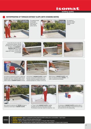 WATERPROOFING OF TERRACES WITHOUT SLOPE (WITH STANDING WATER)
                                                                   The substrate should                                                                 The substrate is
                                                                   be thoroughly                                                                        dampened, without
                                                                   cleaned from any                                                                     leaving any water
                                                                   loose particles,                                                                     puddles.
                                                                   grease, dust etc.




         Corners like the joint of slab with
     vertical structures (parapet, stairwell
   termination etc), should be dampened
           and filled in with DUROCRET or
           DUROCRET-FAST and rounded
            smooth with a cylindric object
    (bottle etc.) in order, a curved groove
                            to be formatted.




The content of component A (mortar) is added into          The first layer of AQUAMAT-ELASTIC is applied      While the layer of AQUAMAT-ELASTIC is still
the liquid component B (elastifying agent) and the         by brush, as wide as the reinforcement (1 m).      fresh, the reinforcing material (TREVIRA - 1 m
indicated water, under continuous stirring, until a        The slurry should be exceeded to the vertical      width) is positioned and embodied.
uniform mixture of AQUAMAT-ELASTIC is formed.              structures (parapet etc.) at least 15-20 cm up.




After drying, the reinforced with TREVIRA first layer is             A 3rd layer of white AQUAMAT-ELASTIC is applied               The final layer of AQUAMAT-ELASTIC should be white, in
covered by a second layer of AQUAMAT-ELASTIC.                        crosswise and once the previous layer has dried.              order to reduce the absorption of heat from the sun's rays
                                                                     The thickness of each layer should not exceed the 1 mm.       and extend the life of the waterproofing.




                                                                                                                                             2
                     AQUAMAT-ELASTIC Elastic, 2-component cement-based brushable sealing slurry (consumption: 1 kg/m /layer)
MATERIALS
                     TREVIRA Polyester cloth for reinforcing waterproofing layers
                     DUROCRET Polymer-modified cement mortar (consumption: 2-3 kg per meter of groove)
                     DUROCRET-FAST Fast-setting polymer-modified repairing cement mortar (consumption: 2-3 kg per meter of groove)

                                                                                                                                                                                                6
 