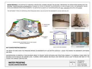 WATER PROOFING
BUILDING CONSTRUCTION REPORT
RIYA BAGCHI
III YEAR – B
D.O.A : 29.10.2015
D.O.S. : 05.11.2015
SHEET NO.
1
WATER PROOFING IS THE METHOD OF CREATING A PROTECTIVE LAYERING AROUND THE BUILDING PREVENTING THE WATER FROM SEEPING INTO THE
BUILDING. WATER PROOFING IN BASEMENTS IS CARRIED OUT SO AS TO PREVENT THE INTRUSION OF FLUIDS OR SMELLS INTO THE BASEMENTS. WATER
INTRUSION DAMAGES STRUCTURAL ELEMENTS. THE IMPORTANT ELEMENTS OF WATERPROOFING ARE SOIL, CONCRETE (BUILDING) AND WATER.
THE DIFFERENT TYPES OF WATER-RELATED PROBLEMS WHICH CAN OCCUR IN THE BASEMENTS CAN BE SEEN BELOW:
WHY IS WATER PROOFING ESSENTIAL?
THE ABOVE PICTURES SHOW THE PROBLEMS IMPOSED ON BASEMENTS BY FLUID MATTER (GASEOUS + LIQUID) THUS MAKING THE BASEMENTS UNHYGIENIC
AND WEAK.
WATERPROOFING IS ESSENTIAL AT BELOW-GRADE AREAS TO PREVENT WATER INTRUSION AND STRUCTURAL DAMAGE. IT IS GENERALLY DONE WHEN THE
BUILDING IS ON OR BELOW THE GROUND LEVEL. FLOODING, WATER DAMAGE AND MOLDS (HIGH MOISTURE LEVELS LEAD TO MOLDS) ARE MANY OF THE
CAUSES THAT DAMAGE CONSTRUCTION.
DIAGRAM SHOWING THE DIFFERENT TYPE OF LIQUID LEAKAGE/
SEEPAGES IN BASEMENTS
WINDOW SWEAT
HUMIDITY
SUB SURFACE
WATER
STANDING WATER IN BASEMENT WHITEMOLDS IN BASEMENT
ODOUR IN BASEMENTCAUSE OF MOISTURE IN BASEMENT
 
