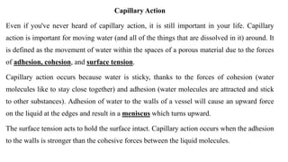 Capillary Action
Even if you've never heard of capillary action, it is still important in your life. Capillary
action is important for moving water (and all of the things that are dissolved in it) around. It
is defined as the movement of water within the spaces of a porous material due to the forces
of adhesion, cohesion, and surface tension.
Capillary action occurs because water is sticky, thanks to the forces of cohesion (water
molecules like to stay close together) and adhesion (water molecules are attracted and stick
to other substances). Adhesion of water to the walls of a vessel will cause an upward force
on the liquid at the edges and result in a meniscus which turns upward.
The surface tension acts to hold the surface intact. Capillary action occurs when the adhesion
to the walls is stronger than the cohesive forces between the liquid molecules.
 