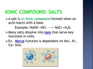  A salt is an ionic compound formed when an 
acid reacts with a base. 
Example: NaOH +HCl ——> NaCl +H2O. 
 Many salts dissolve into ions that serve key 
functions in cells. 
 Ex. Nerve function is dependent on Na+, K+, 
Ca+ ions. 
 