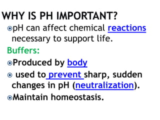 pH can affect chemical reactions 
necessary to support life. 
Buffers: 
Produced by body 
 used to prevent sharp, sudden 
changes in pH (neutralization). 
Maintain homeostasis. 
 