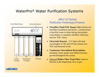WaterPro® Water Purification Systems

                                                           HPLC/UF Hybrid
                                                  Purification Technologies/Features:
Pistol Model Shown         Ultraviolet Reactor

                                                  Ultrafilter Flush/TOC Dump Valve flushes the
                                                  ultrafilter membrane and directs a small portion
                                                  of purified water to drain during intermittent
                                                  recirculation, to maintain ultrafilter efficiency
                                                  and low TOC values
                                                  Ultraviolet Reactor – UV light with dual
                                                  wavelengths of 185 and 254 nm ensures low
                                                  TOC and bacterial levels
                                                  Continuous/ Intermittent Recirculation
                                                  maintains water quality and inhibits bacteria
                                                  growth throughout the system
     Carbon      Deionization       Ultrafilter   Optional Hollow Fiber Final Filter removes
    Cartridge     Cartridges
                                                  bacteria at the dispensing valve or gun
 
