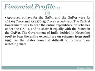Financial Profile…
3 December 2018
18
• Approved outlays for the GAP-1 and the GAP-2 were Rs
462.04 Crore and Rs 1276.25 Crore respectively. The Central
Government was to bear the entire expenditure on schemes
under the GAP-1, and to share it equally with the States in
the GAP-2. The Government of India decided in November
1998 to bear the entire expenditure on schemes from April
1997, as the States found it difficult to provide their
matching share.
 