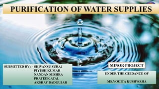 PURIFICATION OF WATER SUPPLIES
SUBMITTED BY : - SHIVANSU SURAJ
PIYUSH KUMAR
NANDAN MISHRA
PRATEEK ATAL
AKSHAY BADGUJAR
UNDER THE GUIDANCE OF
MS.YOGITA KUSHWAHA
MINOR PROJECT
 