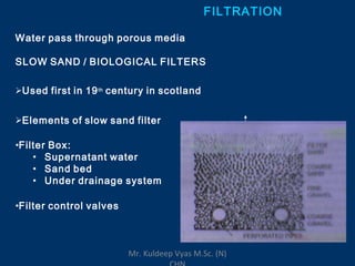FILTRATION
Water pass through porous media
SLOW SAND / BIOLOGICAL FILTERS
Used first in 19th century in scotland
Elements of slow sand filter
•Filter Box:
• Supernatant water
• Sand bed
• Under drainage system
•Filter control valves
Mr. Kuldeep Vyas M.Sc. (N)
 