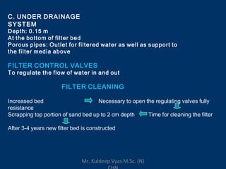 C. UNDER DRAINAGE
SYSTEM
Depth: 0.15 m
At the bottom of filter bed
Porous pipes: Outlet for filtered water as well as support to
the filter media above
FILTER CONTROL VALVES
To regulate the flow of water in and out
FILTER CLEANING
Increased bed
resistance
Necessary to open the regulating valves fully
Scrapping top portion of sand bed up to 2 cm depth Time for cleaning the filter
After 3-4 years new filter bed is constructed
Mr. Kuldeep Vyas M.Sc. (N)
 