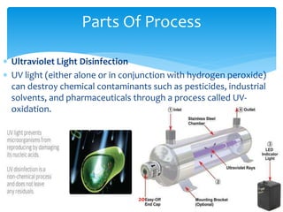  Ultraviolet Light Disinfection
 UV light (either alone or in conjunction with hydrogen peroxide)
can destroy chemical contaminants such as pesticides, industrial
solvents, and pharmaceuticals through a process called UV-
oxidation.
Parts Of Process
20
 
