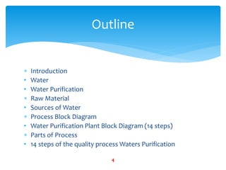  Introduction
• Water
• Water Purification
 Raw Material
• Sources of Water
 Process Block Diagram
• Water Purification Plant Block Diagram (14 steps)
 Parts of Process
• 14 steps of the quality process Waters Purification
Outline
4
 