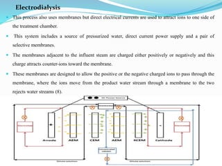 Electrodialysis
 This process also uses membranes but direct electrical currents are used to attract ions to one side of
the treatment chamber.
 This system includes a source of pressurized water, direct current power supply and a pair of
selective membranes.
 The membranes adjacent to the influent steam are charged either positively or negatively and this
charge attracts counter-ions toward the membrane.
 These membranes are designed to allow the positive or the negative charged ions to pass through the
membrane, where the ions move from the product water stream through a membrane to the two
rejects water streams (8).
 