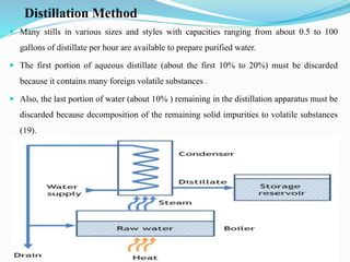 Distillation Method
 Many stills in various sizes and styles with capacities ranging from about 0.5 to 100
gallons of distillate per hour are available to prepare purified water.
 The first portion of aqueous distillate (about the first 10% to 20%) must be discarded
because it contains many foreign volatile substances .
 Also, the last portion of water (about 10% ) remaining in the distillation apparatus must be
discarded because decomposition of the remaining solid impurities to volatile substances
(19).
 