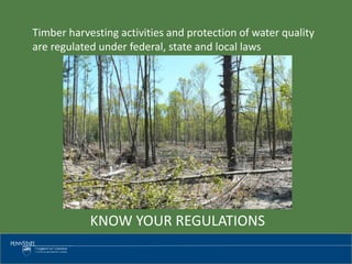 KNOW YOUR REGULATIONS
Timber harvesting activities and protection of water quality
are regulated under federal, state and local laws
 