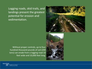 Logging roads, skid trails, and
landings present the greatest
potential for erosion and
sedimentation.
Without proper controls, up to four
hundred thousand pounds of soil (200
tons) can erode from a logging road 10
feet wide and 10,000 feet long.
 