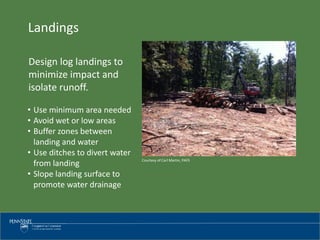 Design log landings to
minimize impact and
isolate runoff.
Landings
Courtesy of Carl Martin, PAFS
• Use minimum area needed
• Avoid wet or low areas
• Buffer zones between
landing and water
• Use ditches to divert water
from landing
• Slope landing surface to
promote water drainage
 