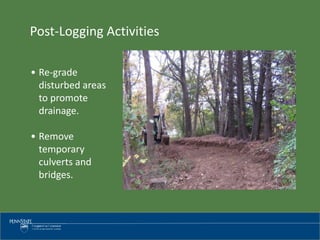 Post-Logging Activities
• Re-grade
disturbed areas
to promote
drainage.
• Remove
temporary
culverts and
bridges.
 