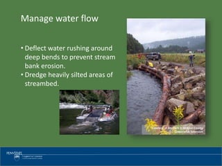 Courtesy of Jim Clark in McKean County
Cooperative Extension
Manage water flow
• Deflect water rushing around
deep bends to prevent stream
bank erosion.
• Dredge heavily silted areas of
streambed.
 
