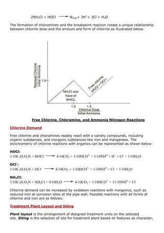 2NH2Cl + HOCl N2(g)+ 3H+
+ 3Cl-
+ H2O
The formation of chloramines and the breakpoint reaction create a unique relationship
between chlorine dose and the amount and form of chlorine as illustrated below.
Free Chlorine, Chloramine, and Ammonia Nitrogen Reactions
Chlorine Demand
Free chlorine and chloramines readily react with a variety compounds, including
organic substances, and inorganic substances like iron and manganese. The
stoichiometry of chlorine reactions with organics can be represented as shown below:
HOCl:
1/10C5H7O2N + HOCl 4/10CO2 + 1/10HCO3-
+ 1/10NH4+
+ H+
+ Cl-
+ 1/10H2O
OCl-
:
1/10C5H7O2N + OCl-
4/10CO2 + 1/10HCO3-
+ 1/10NH4+
+ Cl-
+ 1/10H2O
NH2Cl:
1/10C5H7O2N + NH2Cl + 9/10H2O 4/10CO2 + 1/10HCO3-
+ 11/10NH4+
+ Cl-
Chlorine demand can be increased by oxidation reactions with inorganics, such as
reduced iron at corrosion sites at the pipe wall. Possible reactions with all forms of
chlorine and iron are as follows:
Treatment Plant Layout and Siting
Plant layout is the arrangement of designed treatment units on the selected
site. Siting is the selection of site for treatment plant based on features as character,
 
