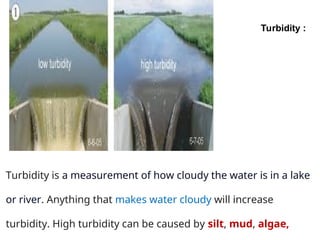 :
Turbidity
Turbidity is a measurement of how cloudy the water is in a lake
or river. Anything that makes water cloudy will increase
turbidity. High turbidity can be caused by silt, mud, algae,
 