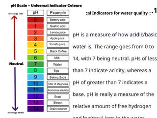 .1
:
Chemical Indicators for water quality
pH is a measure of how acidic/basic
water is. The range goes from 0 to
14, with 7 being neutral. pHs of less
than 7 indicate acidity, whereas a
pH of greater than 7 indicates a
base. pH is really a measure of the
relative amount of free hydrogen
 