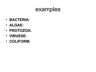 examples
• BACTERIA:
• ALGAE:
• PROTOZOA:
• VIRUESE:
• COLIFORM:
 