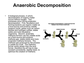 Anaerobic Decomposition
• A biological process, in which,
decomposition of organic matter
occurs without oxygen. Two
processes occur during anaerobic
decomposition. First, facultative acid
forming bacteria use organic matter as
a food source and produce volatile
(organic) acids, gases such as carbon
dioxide and hydrogen sulfide, stable
solids and more facultative
organisms. Second, anaerobic
methane formers use the volatile acids
as a food source and produce
methane gas, stable solids and more
anaerobic methane formers. The
methane gas produced by the process
is usable as a fuel. The methane
former works slower than the acid
former, therefore the pH has to stay
constant consistently, slightly basic, to
optimize the creation of methane.
 