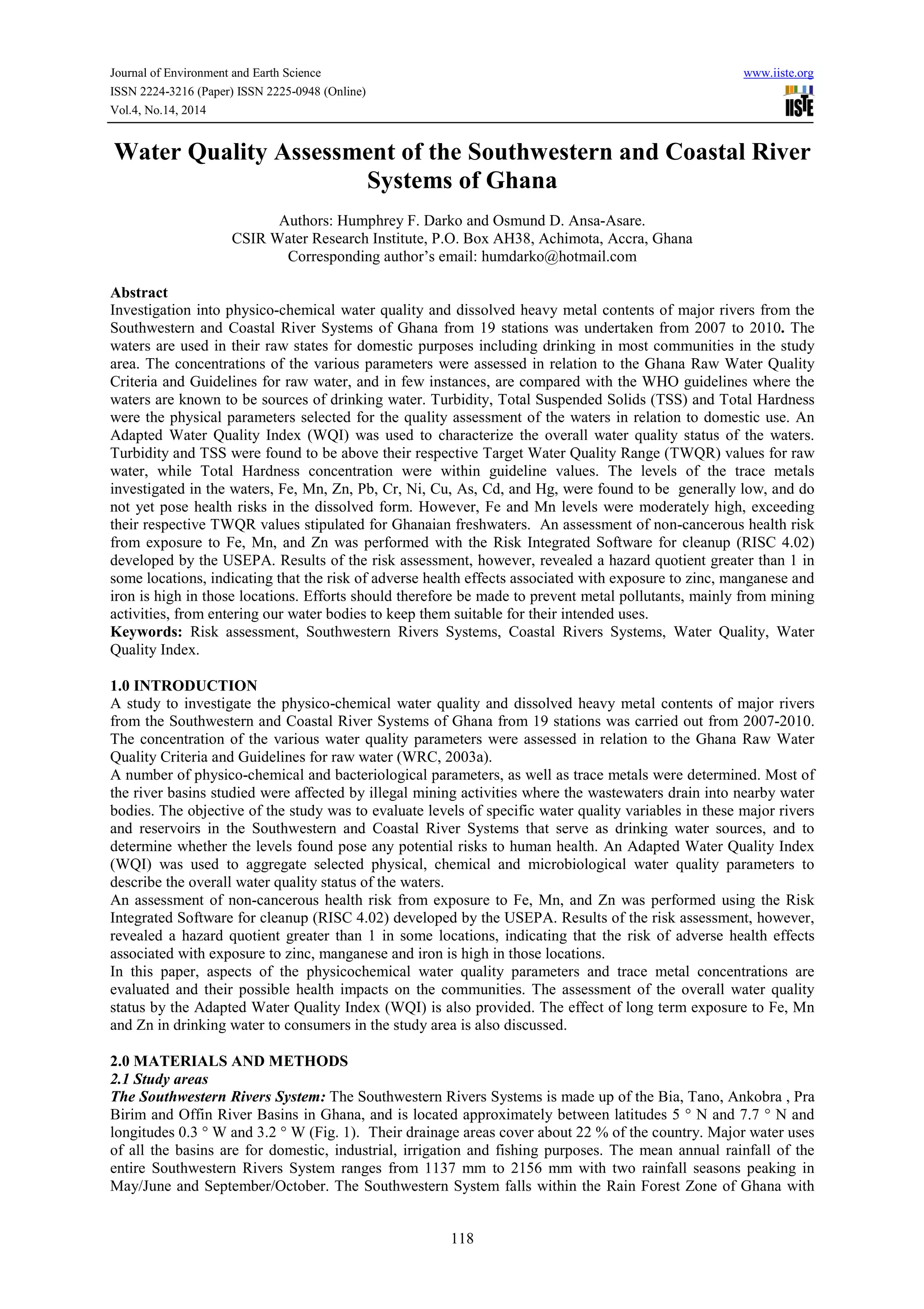 Water quality assessment of the southwestern and coastal river systems ...