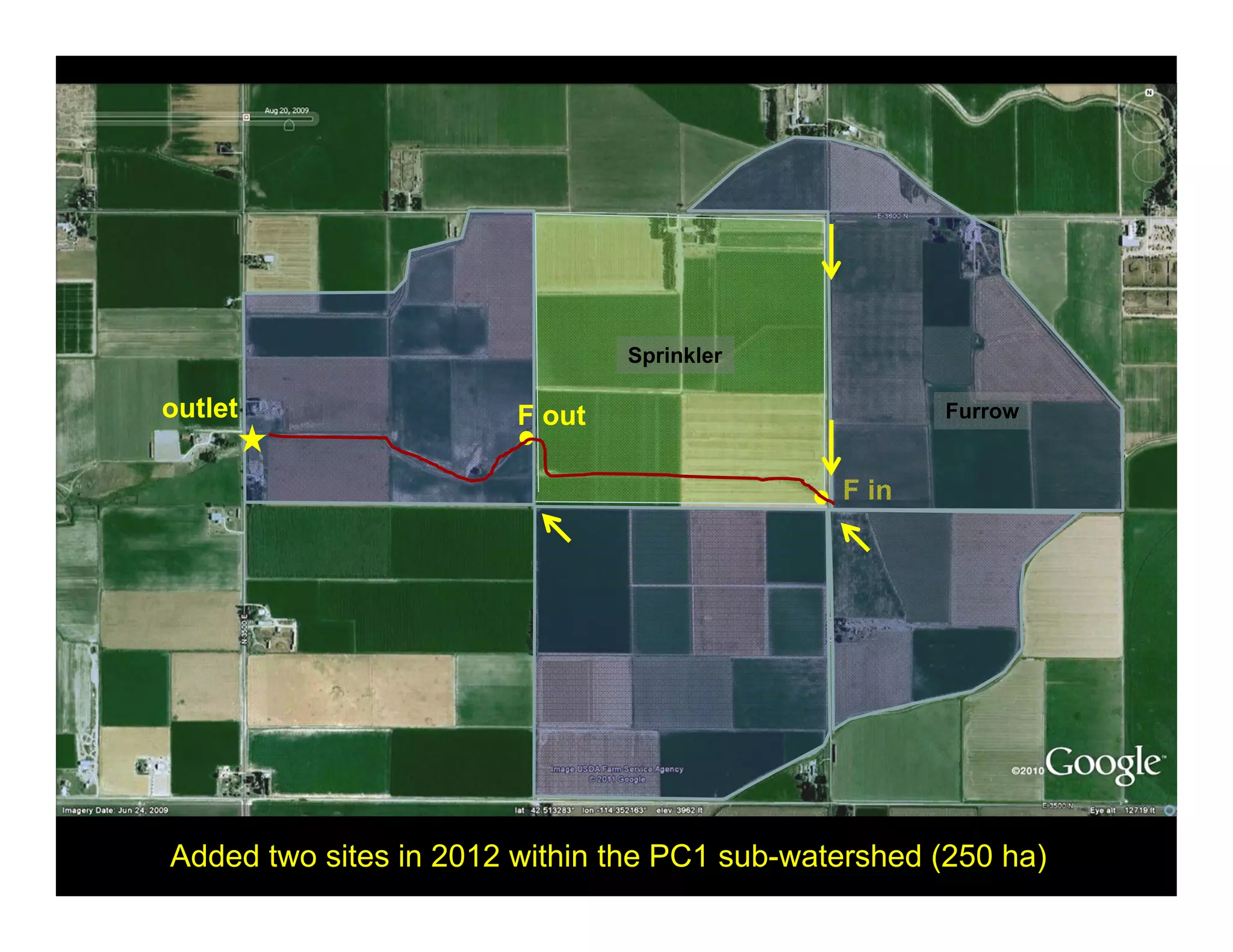 outlet
Sprinkler
F out
F in
Furrow
Added two sites in 2012 within the PC1 sub-watershed (250 ha)
 