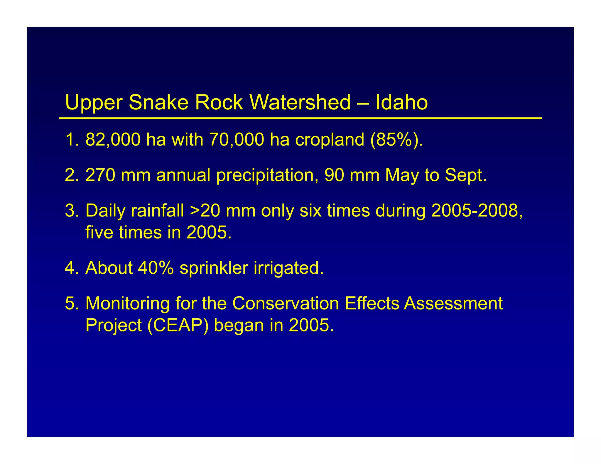 Upper Snake Rock Watershed – Idaho
1. 82,000 ha with 70,000 ha cropland (85%).
2. 270 mm annual precipitation, 90 mm May to Sept.
3. Daily rainfall >20 mm only six times during 2005-2008,
five times in 2005.
4. About 40% sprinkler irrigated.
5. Monitoring for the Conservation Effects Assessment
Project (CEAP) began in 2005.
 