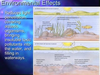 Environmental EffectsEnvironmental Effects
 Reduces lightReduces light
penetration,penetration,
coveringcovering
aquaticaquatic
organisms,organisms,
bringingbringing
insoluble toxicinsoluble toxic
pollutants intopollutants into
the water, andthe water, and
filling infilling in
waterways.waterways.
 