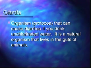 GiardiaGiardia
 Organism (protozoa) that canOrganism (protozoa) that can
cause diarrhea if you drinkcause diarrhea if you drink
unchlorinated water. It is a naturalunchlorinated water. It is a natural
organism that lives in the guts oforganism that lives in the guts of
animals.animals.
 