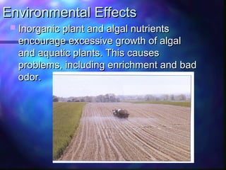 Environmental EffectsEnvironmental Effects
 Inorganic plant and algal nutrientsInorganic plant and algal nutrients
encourage excessive growth of algalencourage excessive growth of algal
and aquatic plants. This causesand aquatic plants. This causes
problems, including enrichment and badproblems, including enrichment and bad
odor.odor.
 